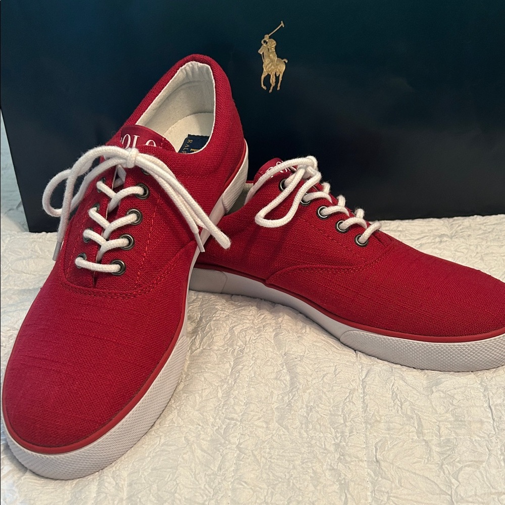 Polo by Ralph Lauren Red Canvas Flax Linen Low-Top White Logo Sneakers SZ 10.5 D